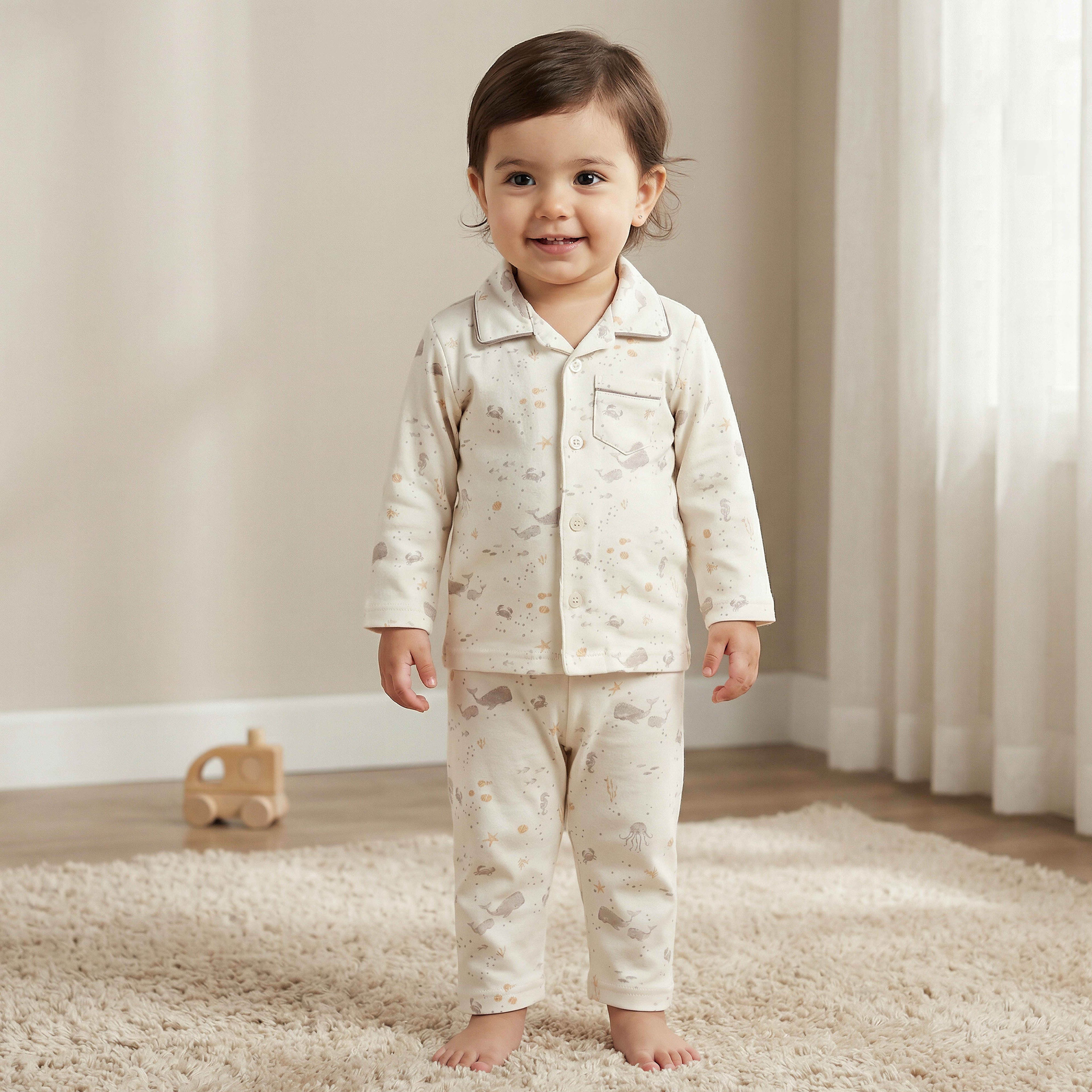 Juniors Cotton Collared Long Sleeves Pyjama Set with Underwater Print - Cream / 18-24 mths