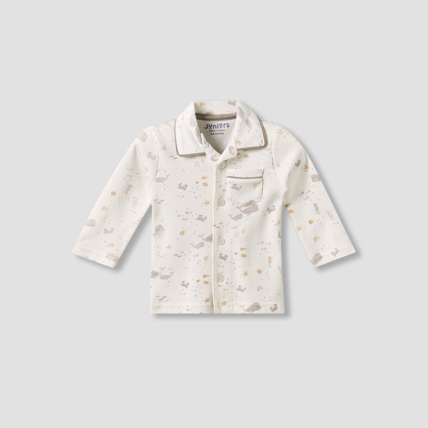 Juniors Cotton Collared Long Sleeves Pyjama Set with Underwater Print