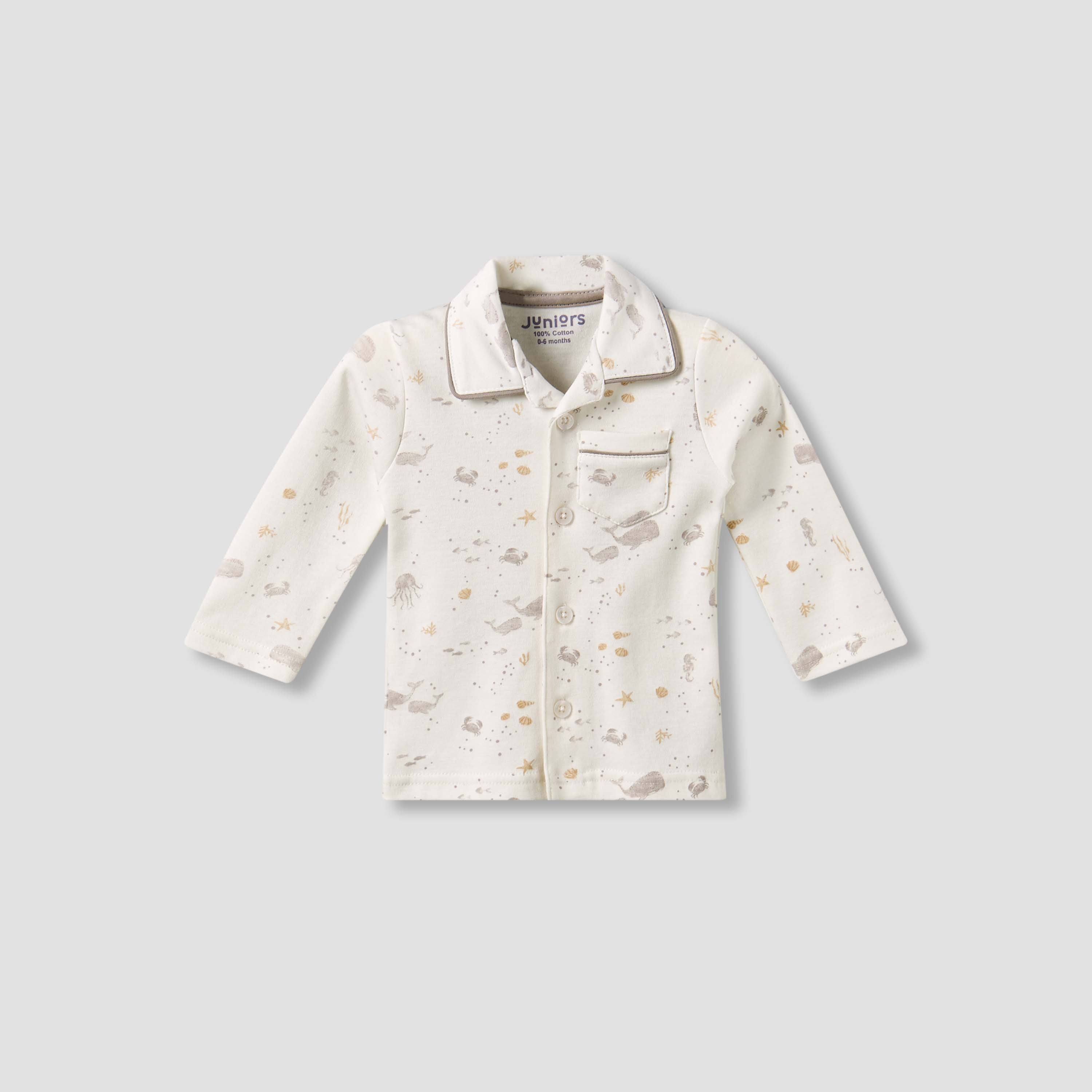 Juniors Cotton Collared Long Sleeves Pyjama Set with Underwater Print