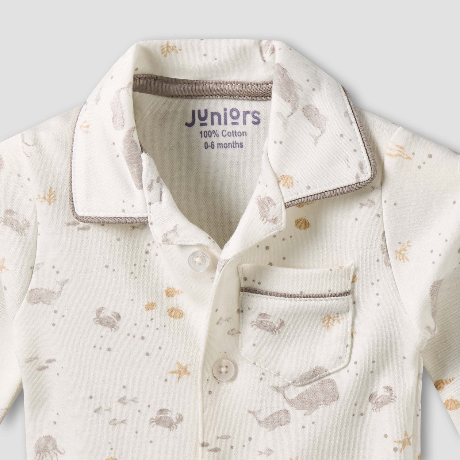 Juniors Cotton Collared Long Sleeves Pyjama Set with Underwater Print