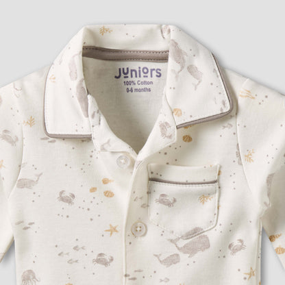 Juniors Cotton Collared Long Sleeves Pyjama Set with Underwater Print