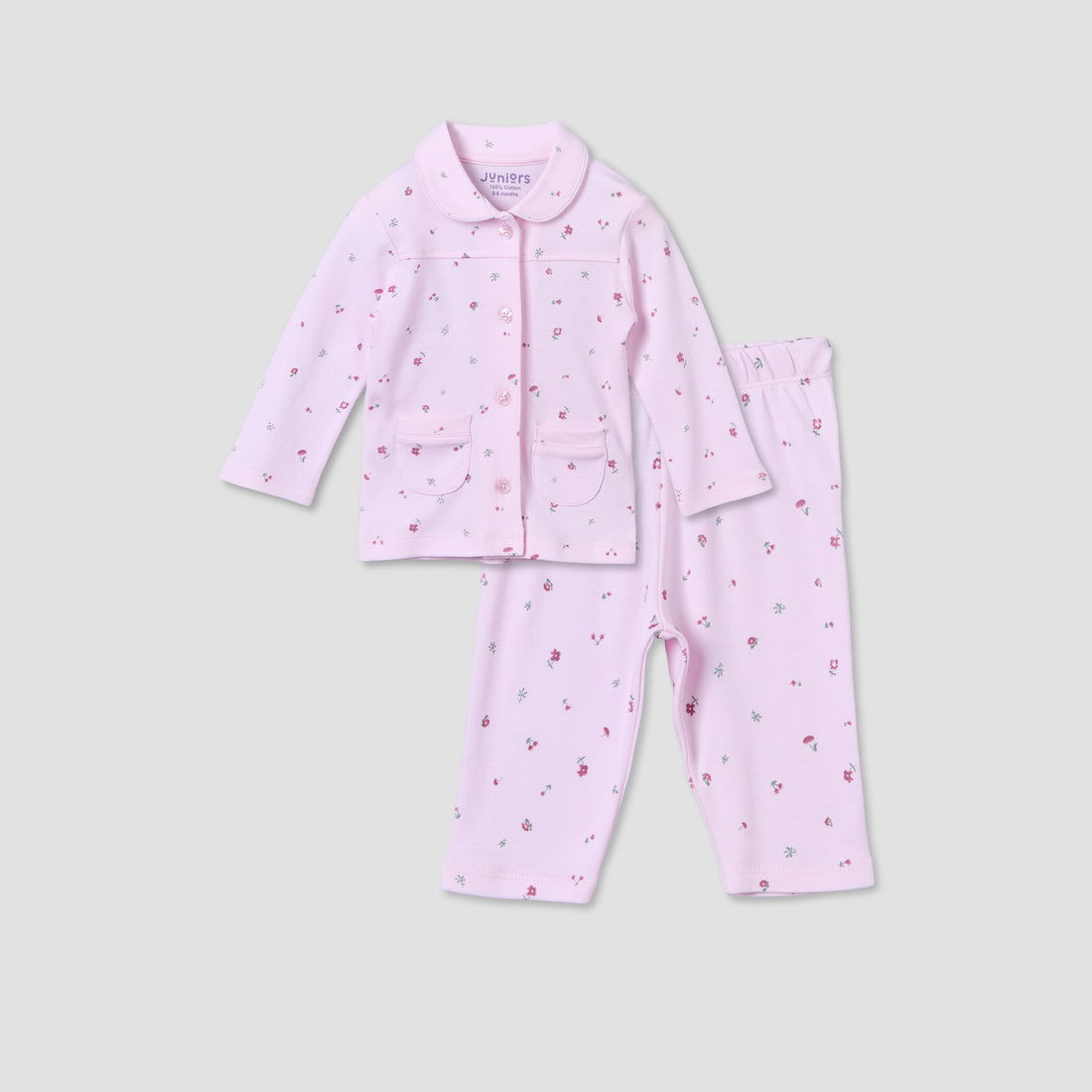 Juniors Cotton Collared Long Sleeve Pyjama Set with Floral Print - Pink / 18-24 mths