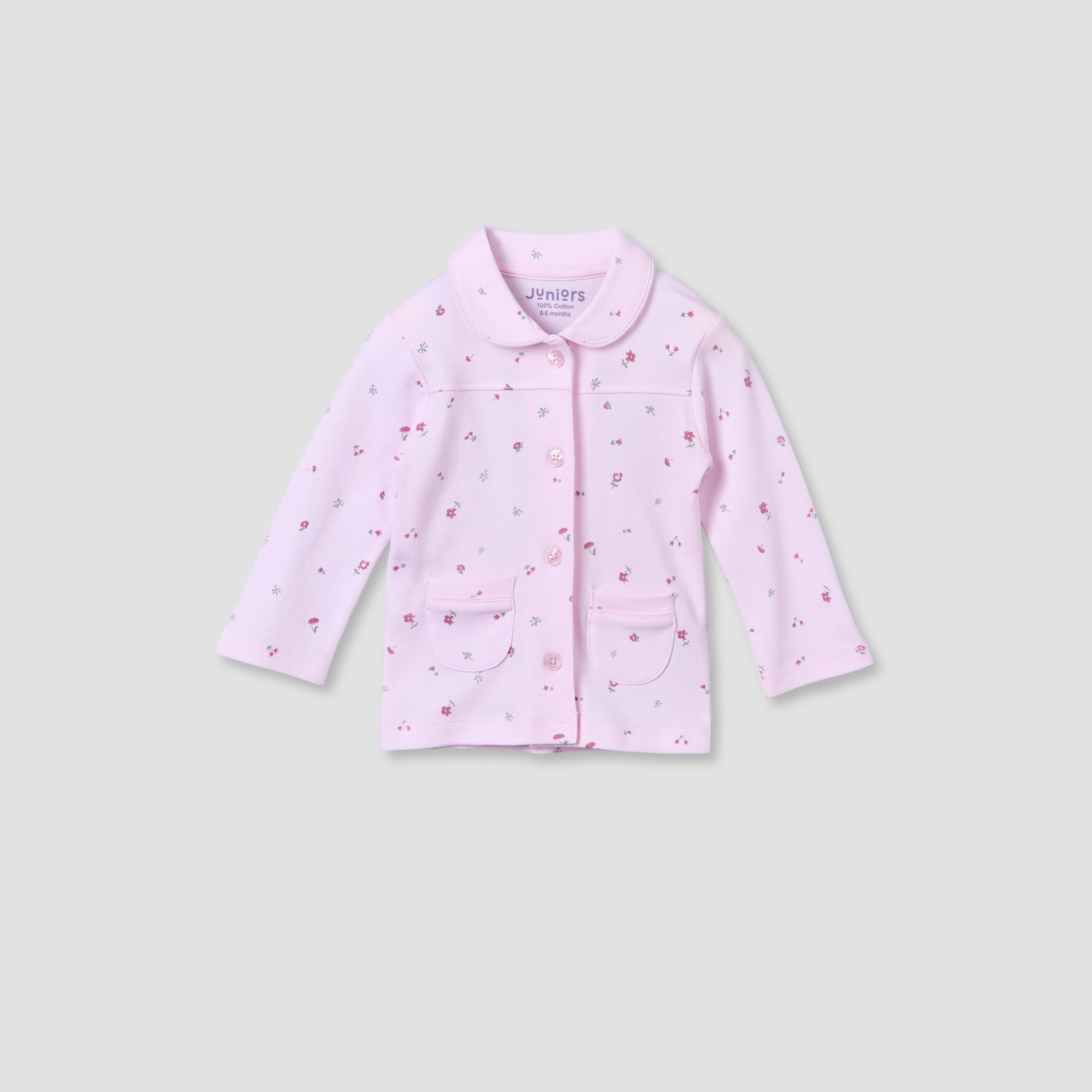 Juniors Cotton Collared Long Sleeve Pyjama Set with Floral Print