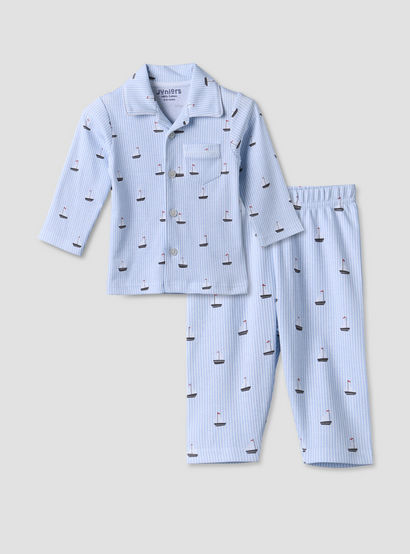 Juniors Cotton Collared Long Sleeves Pyjama Set with Nautical Print-baby-boys-clothing-nightwear-pyjamasets-image-2