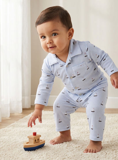 Juniors Cotton Collared Long Sleeves Pyjama Set with Nautical Print-baby-boys-clothing-nightwear-pyjamasets-image-1