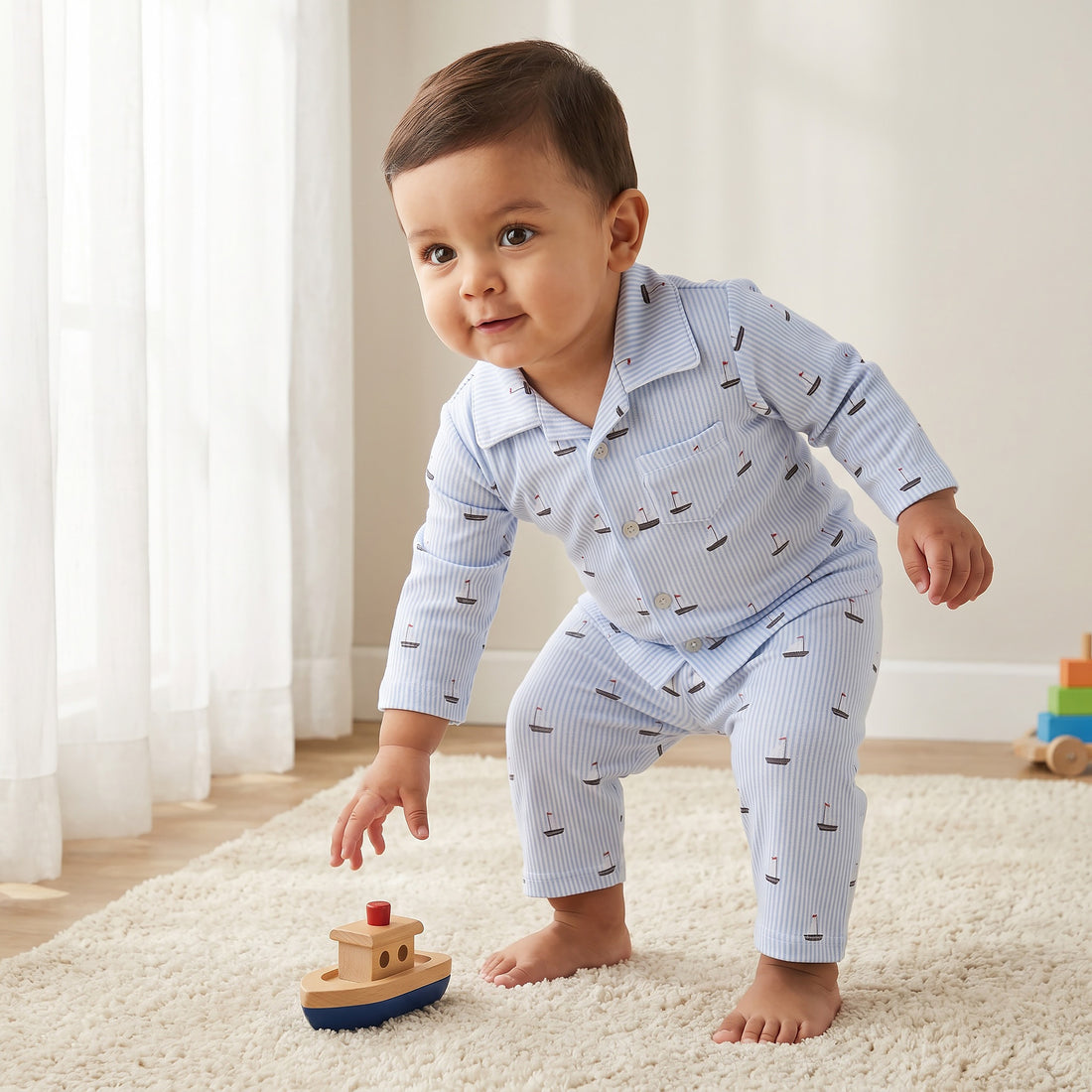 Juniors Cotton Collared Long Sleeves Pyjama Set with Nautical Print - Blue / 18-24 mths