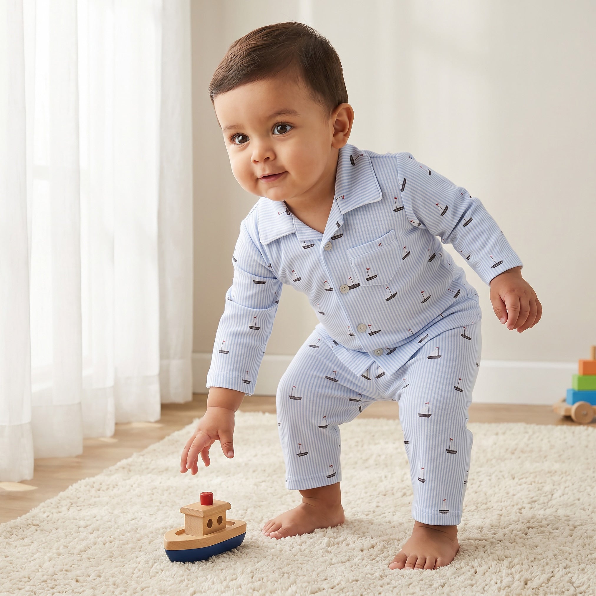 Juniors Cotton Collared Long Sleeves Pyjama Set with Nautical Print - Blue / 18-24 mths