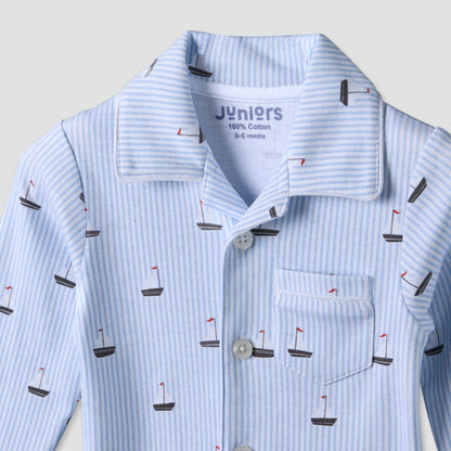 Juniors Cotton Collared Long Sleeves Pyjama Set with Nautical Print