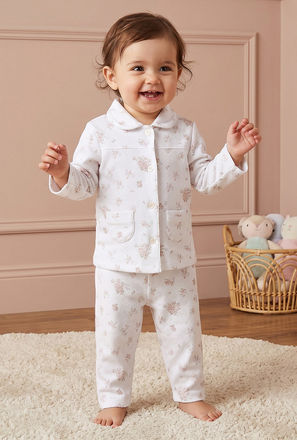 Juniors Cotton Collared Long Sleeve Pyjama Set with Floral Print