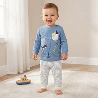 Juniors Cotton Long Sleeves Pyjama Set with Underwater Embroidery-undefined-image-1