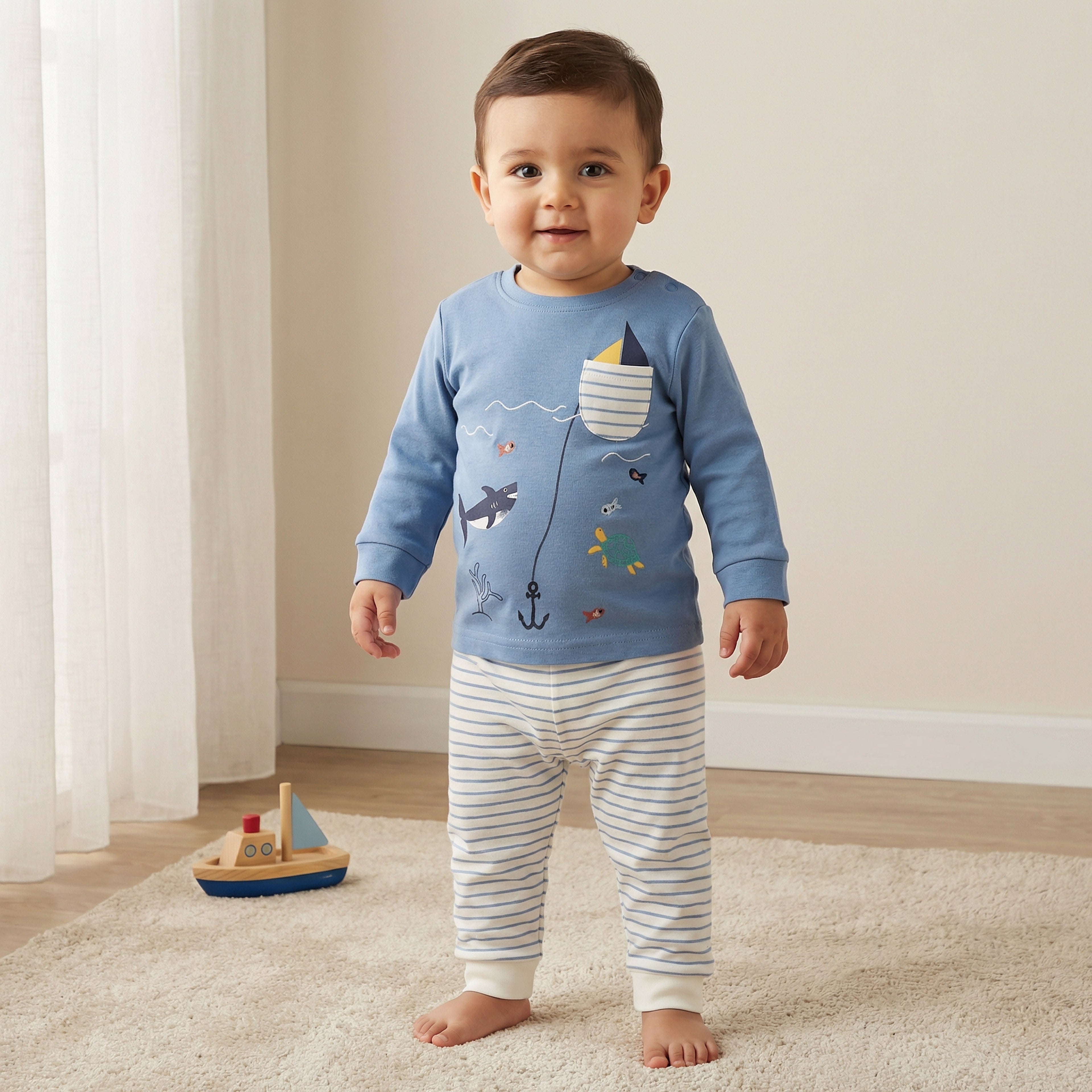 Juniors Cotton Long Sleeves Pyjama Set with Underwater Embroidery