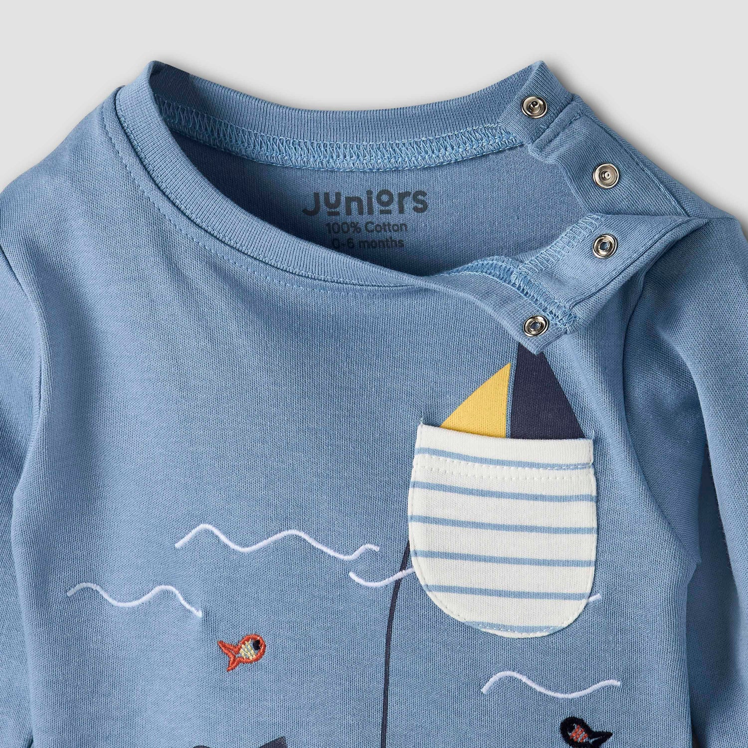 Juniors Cotton Long Sleeves Pyjama Set with Underwater Embroidery