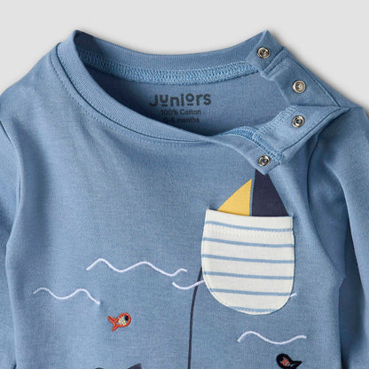 Juniors Cotton Long Sleeves Pyjama Set with Underwater Embroidery
