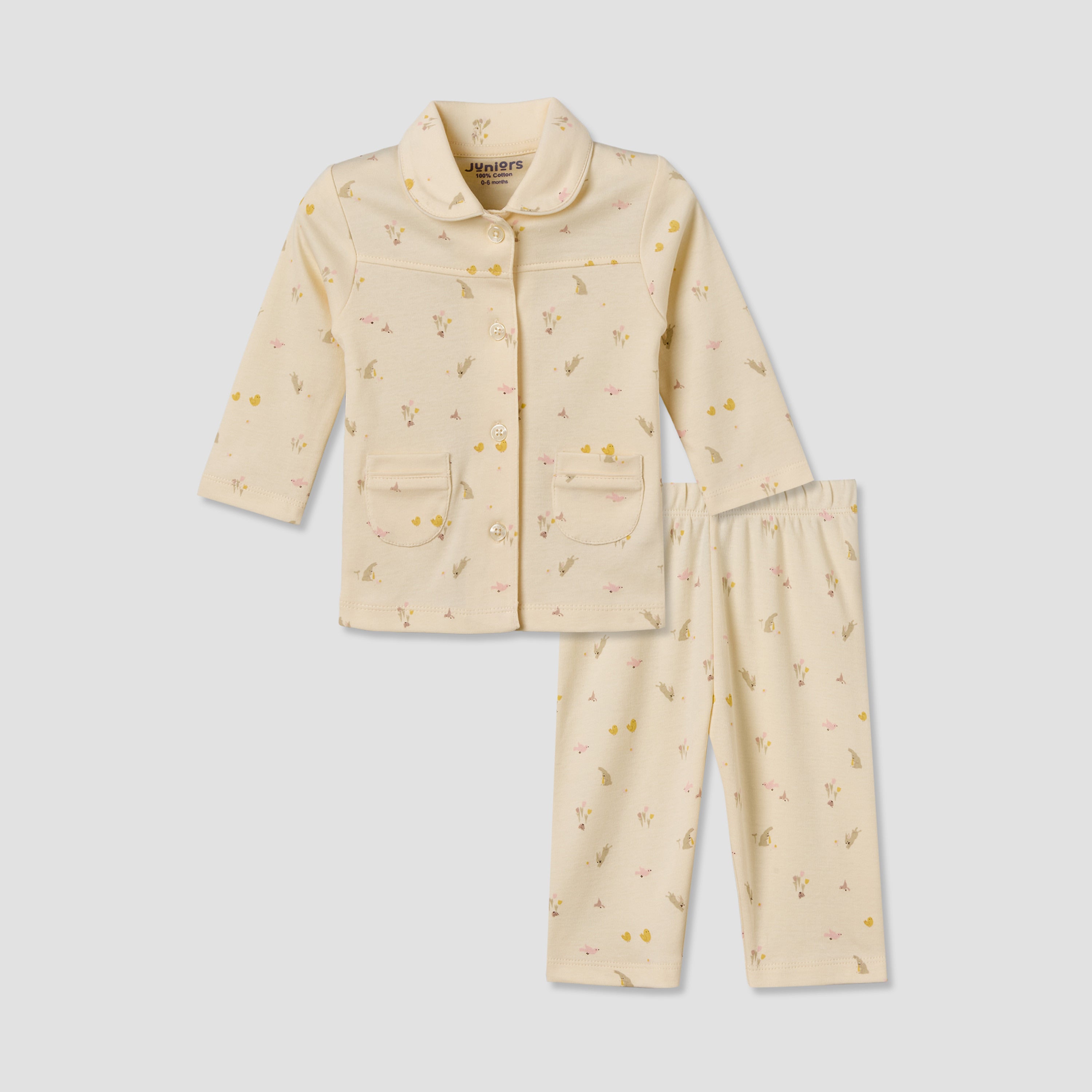 Juniors Cotton Collared Long Sleeves Pyjama Set with Bunny Print - Yellow / 12-18 mths