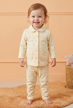 Juniors Cotton Collared Long Sleeves Pyjama Set with Bunny Print
