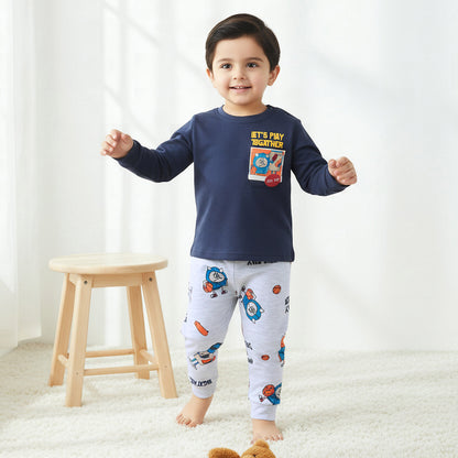 Juniors Cotton Round Neck Long Sleeves Pyjama Set with Graphic Print - Multicolour / 12-18 mths