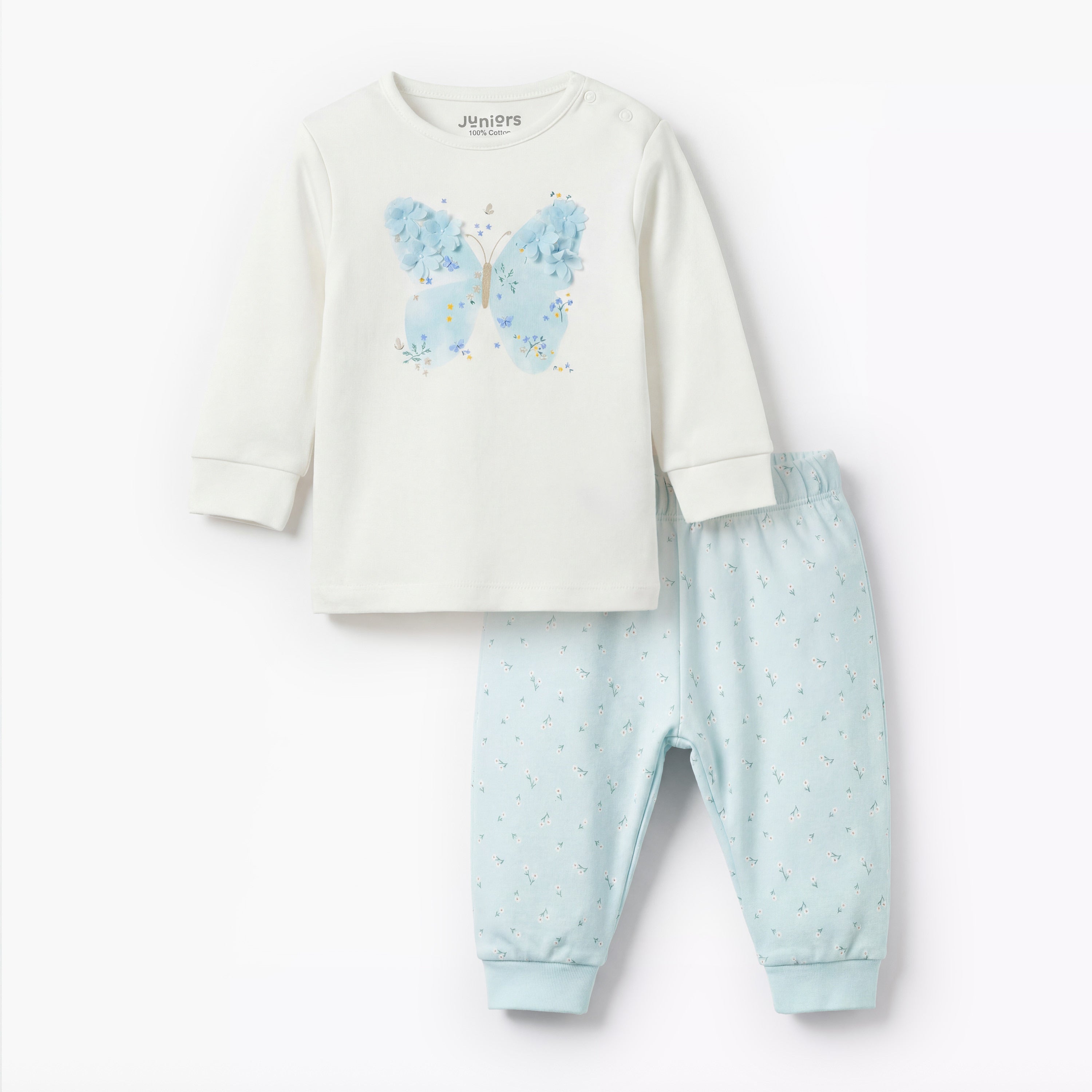 Juniors Cotton Long Sleeves Pyjama Set with Floral Applique Detail - Green / 12-18 mths