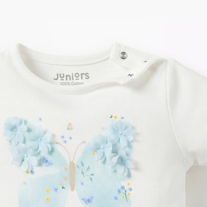Juniors Cotton Long Sleeves Pyjama Set with Floral Applique Detail