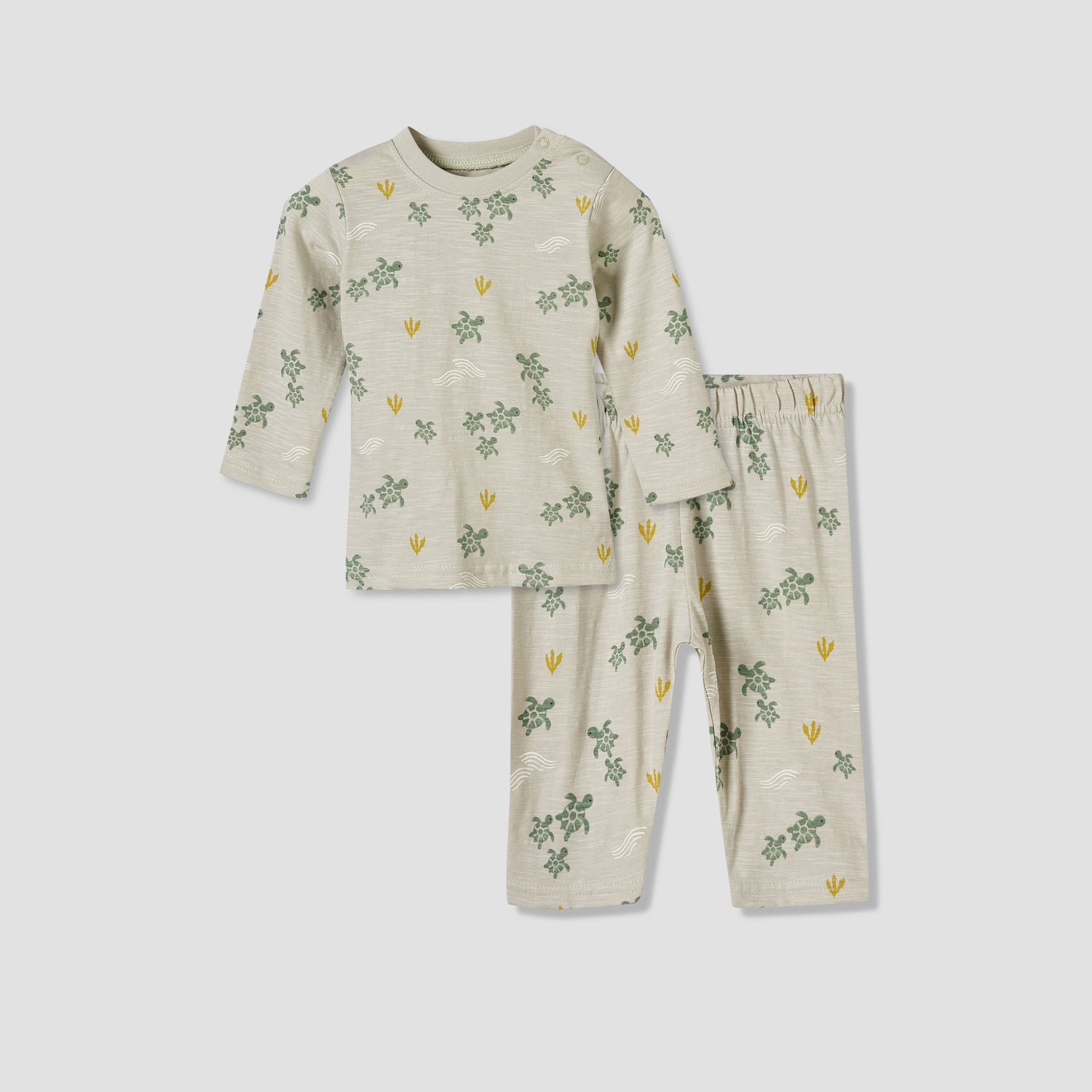Juniors Cotton Round Neck Long Sleeves Pyjama Set with Turtle Print