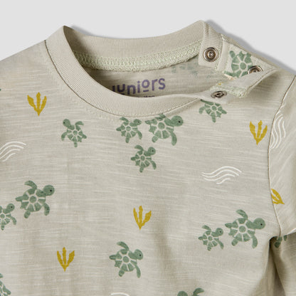 Juniors Cotton Round Neck Long Sleeves Pyjama Set with Turtle Print