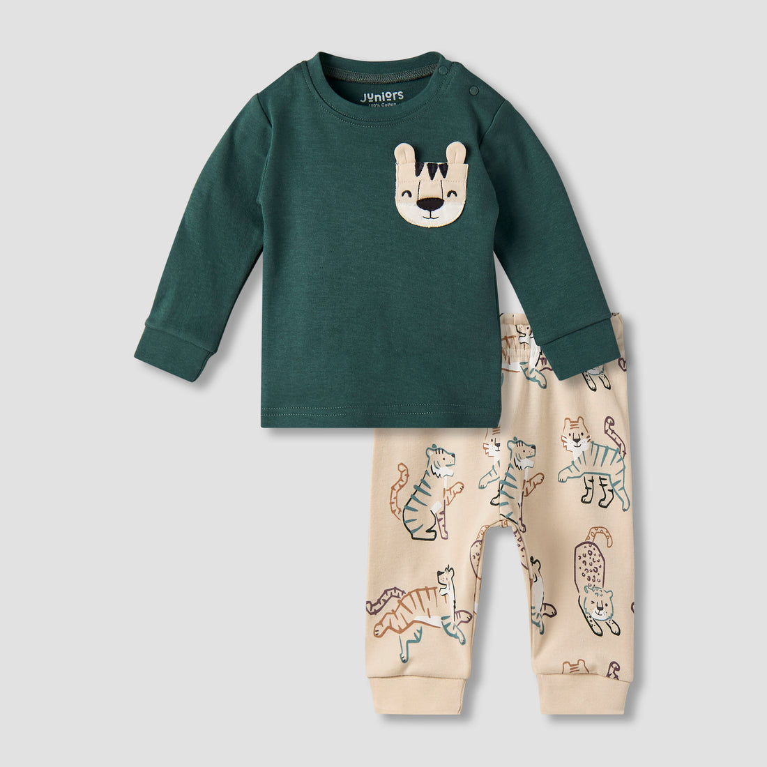 Juniors Cotton Long Sleeves Pyjama Set with Tiger Applique - Green / 12-18 mths
