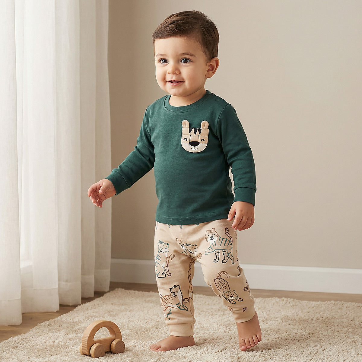 Juniors Cotton Long Sleeves Pyjama Set with Tiger Applique