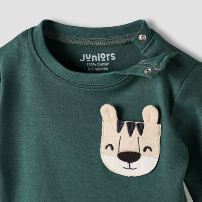 Juniors Cotton Long Sleeves Pyjama Set with Tiger Applique