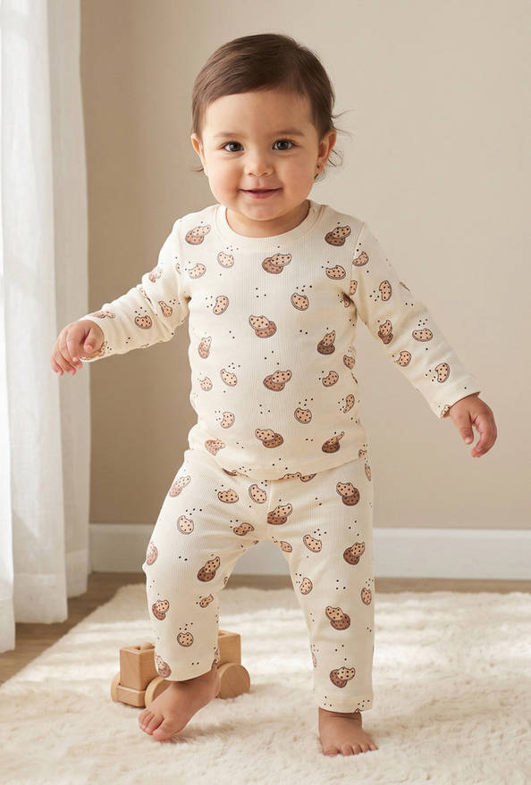 Juniors Cotton Crew Neck Long Sleeves Pyjama Set with Cookie Print