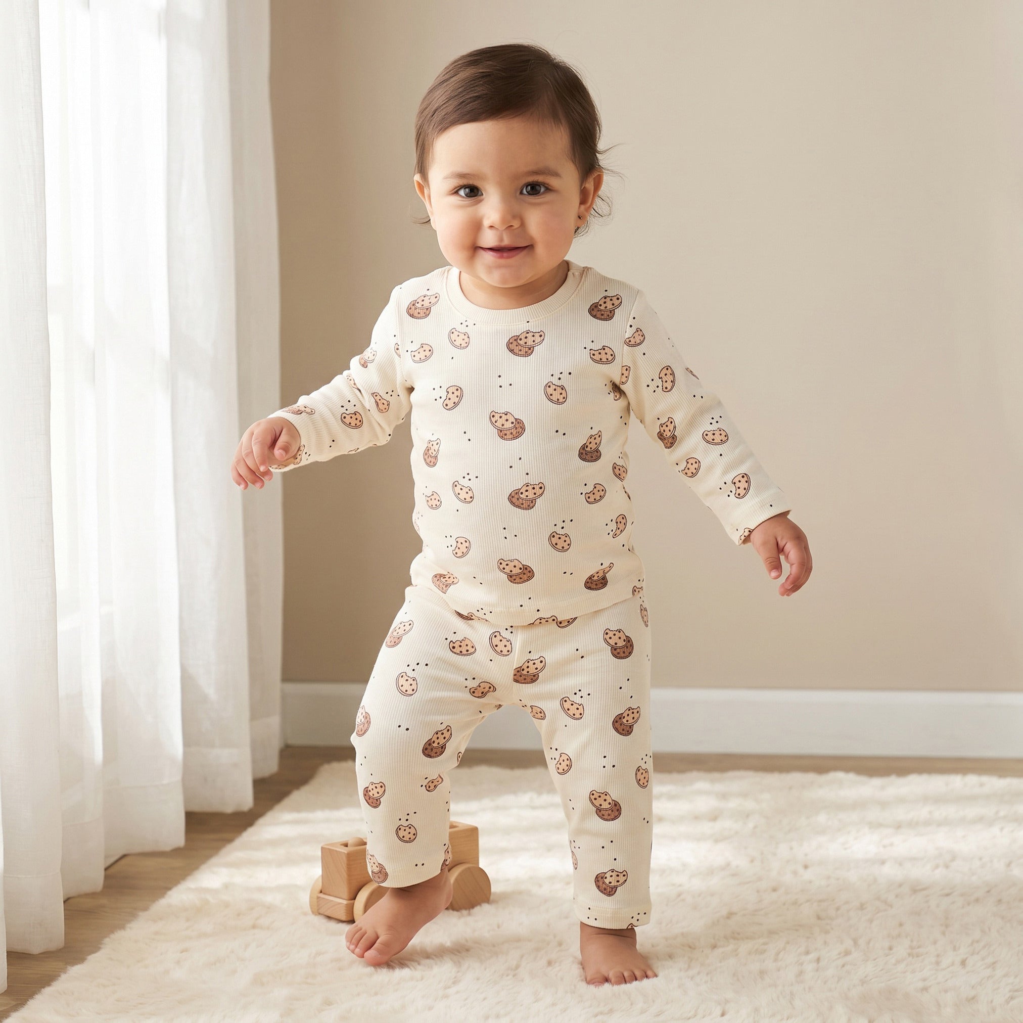 Juniors Cotton Crew Neck Long Sleeves Pyjama Set with Cookie Print
