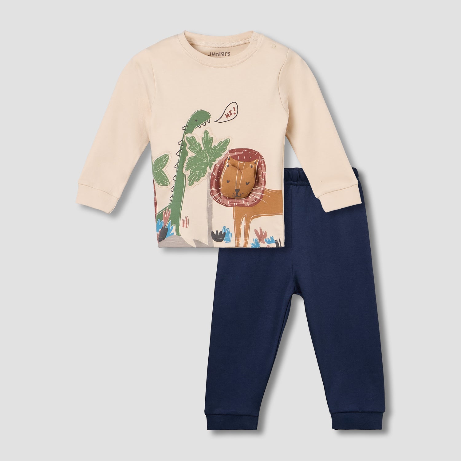 Juniors Cotton Crew Neck Long Sleeves Pyjama Set with Lion Applique