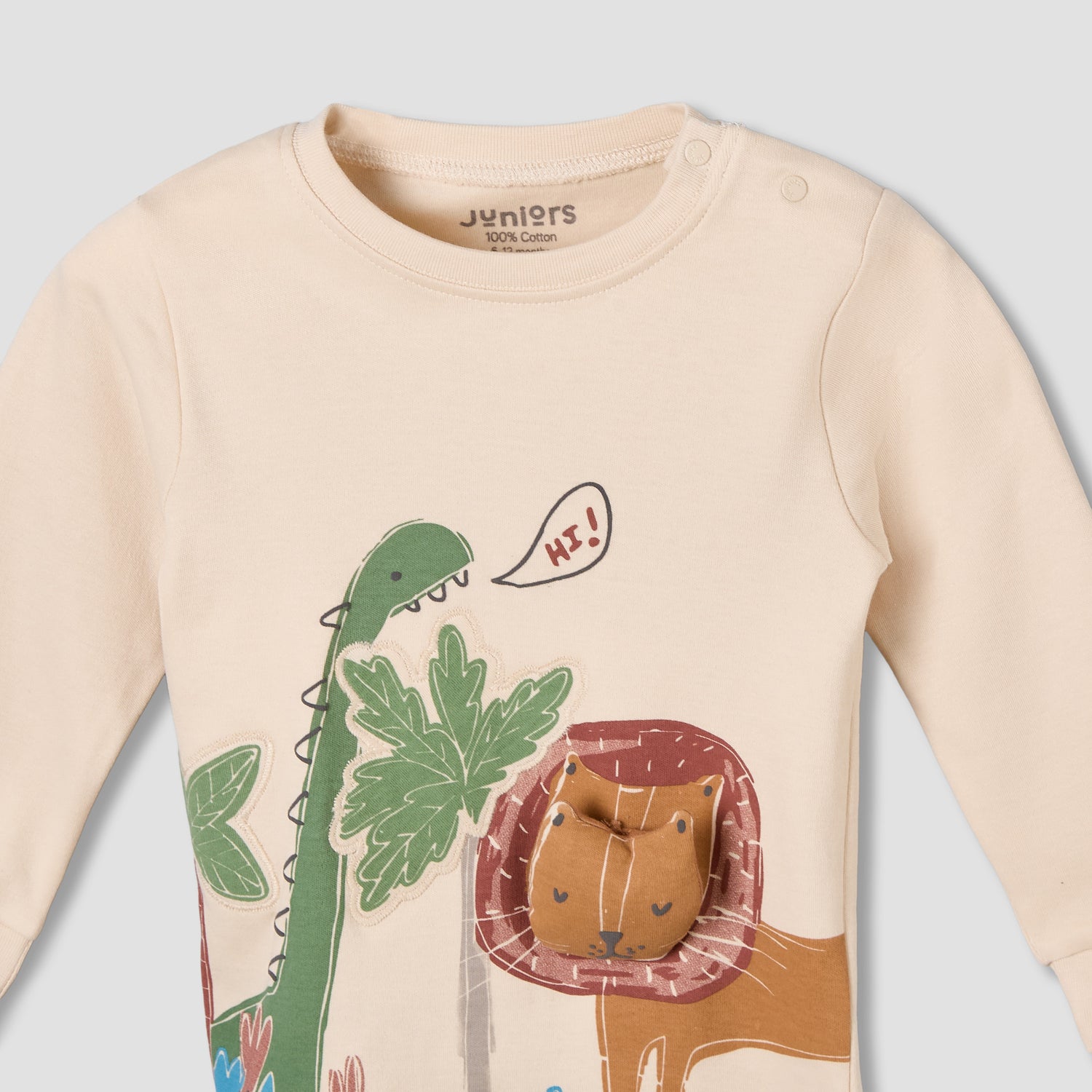 Juniors Cotton Crew Neck Long Sleeves Pyjama Set with Lion Applique