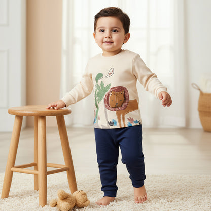 Juniors Cotton Crew Neck Long Sleeves Pyjama Set with Lion Applique