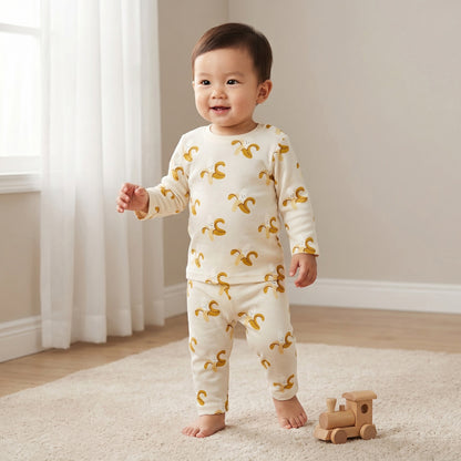 Juniors Cotton Round Neck Long Sleeves Pyjama Set with Banana Print