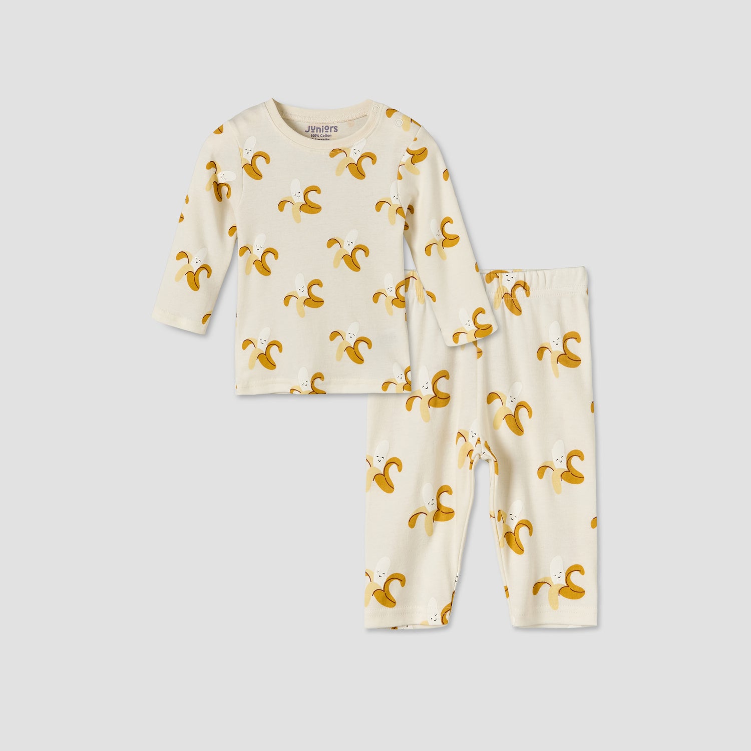 Juniors Cotton Round Neck Long Sleeves Pyjama Set with Banana Print