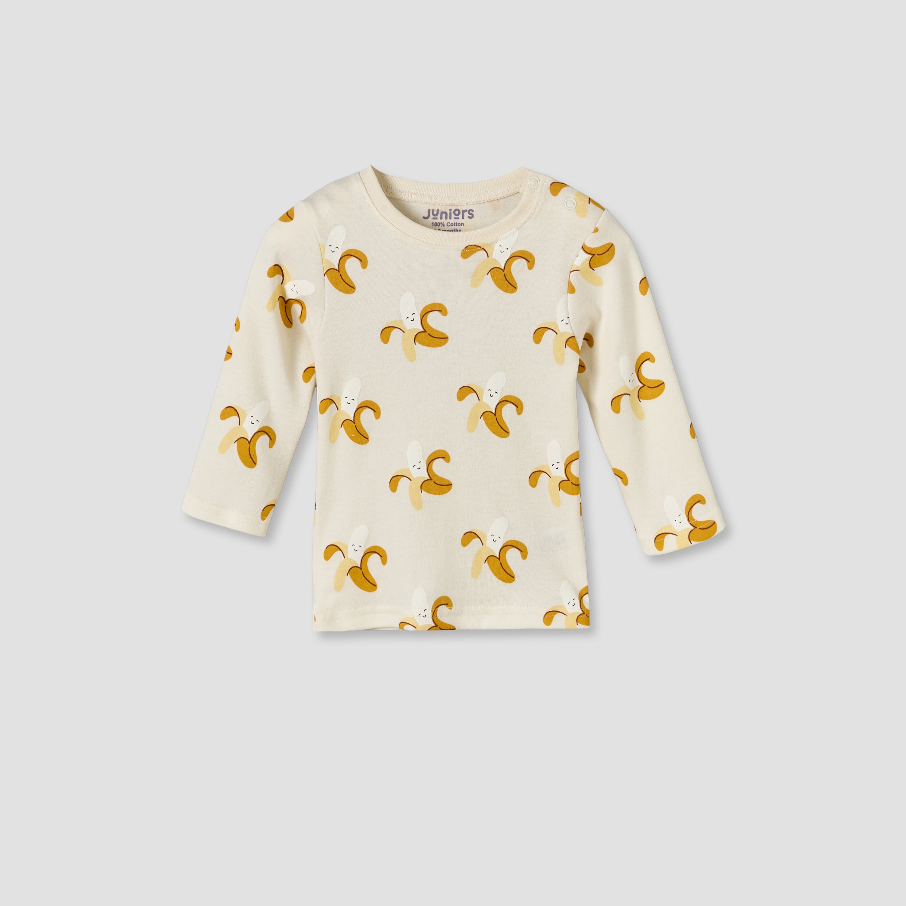 Juniors Cotton Round Neck Long Sleeves Pyjama Set with Banana Print