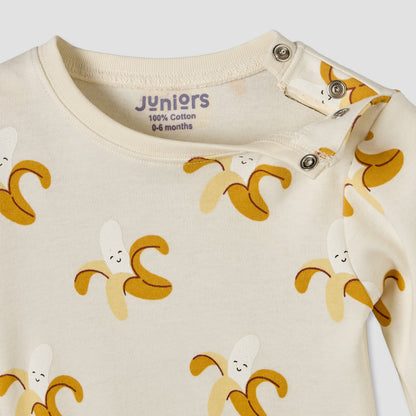 Juniors Cotton Round Neck Long Sleeves Pyjama Set with Banana Print