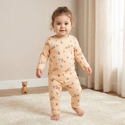 Juniors Cotton Round Neck Long Sleeves Pyjama Set with Orange Print