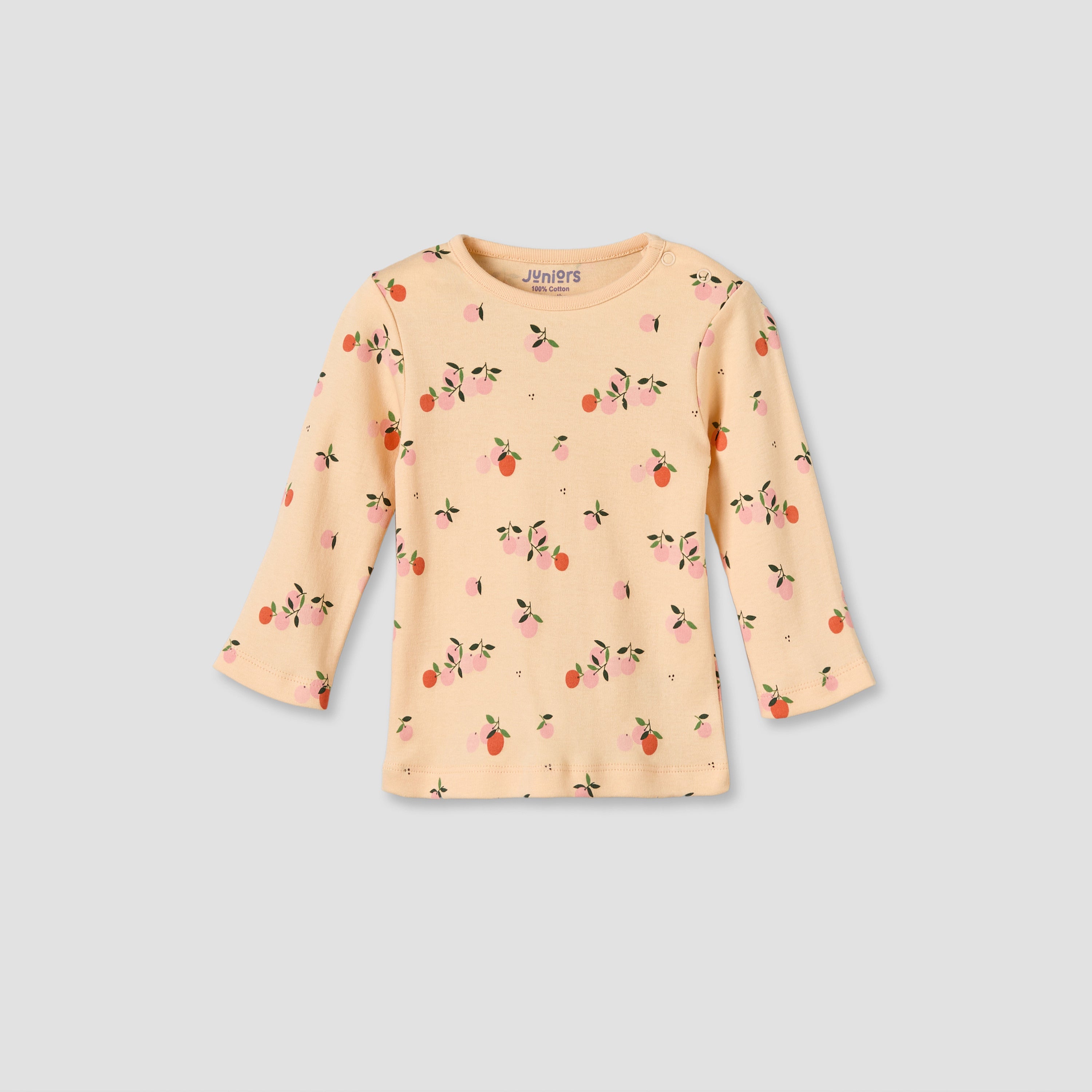 Juniors Cotton Round Neck Long Sleeves Pyjama Set with Orange Print