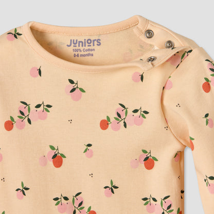 Juniors Cotton Round Neck Long Sleeves Pyjama Set with Orange Print