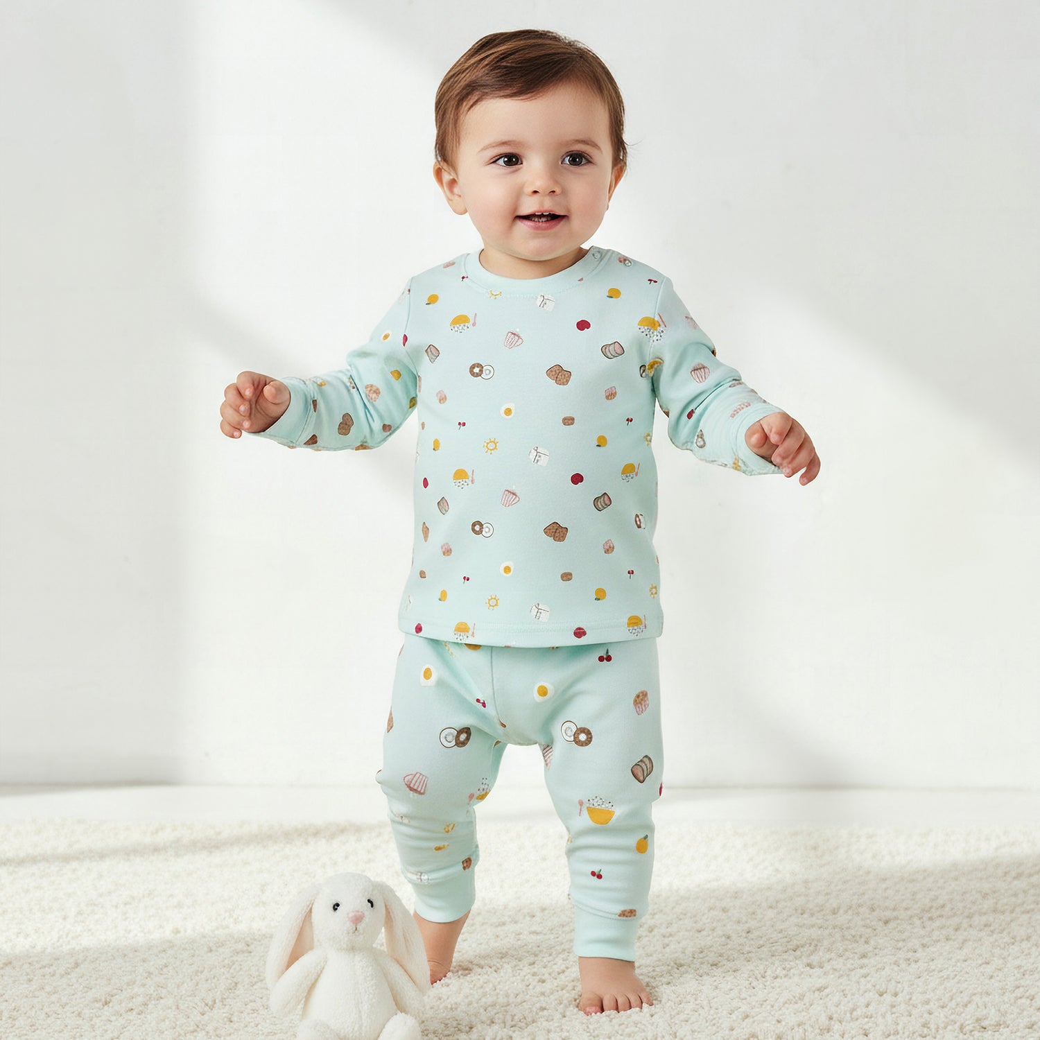 Juniors Cotton Crew Neck Long Sleeves Pyjama Set with Print