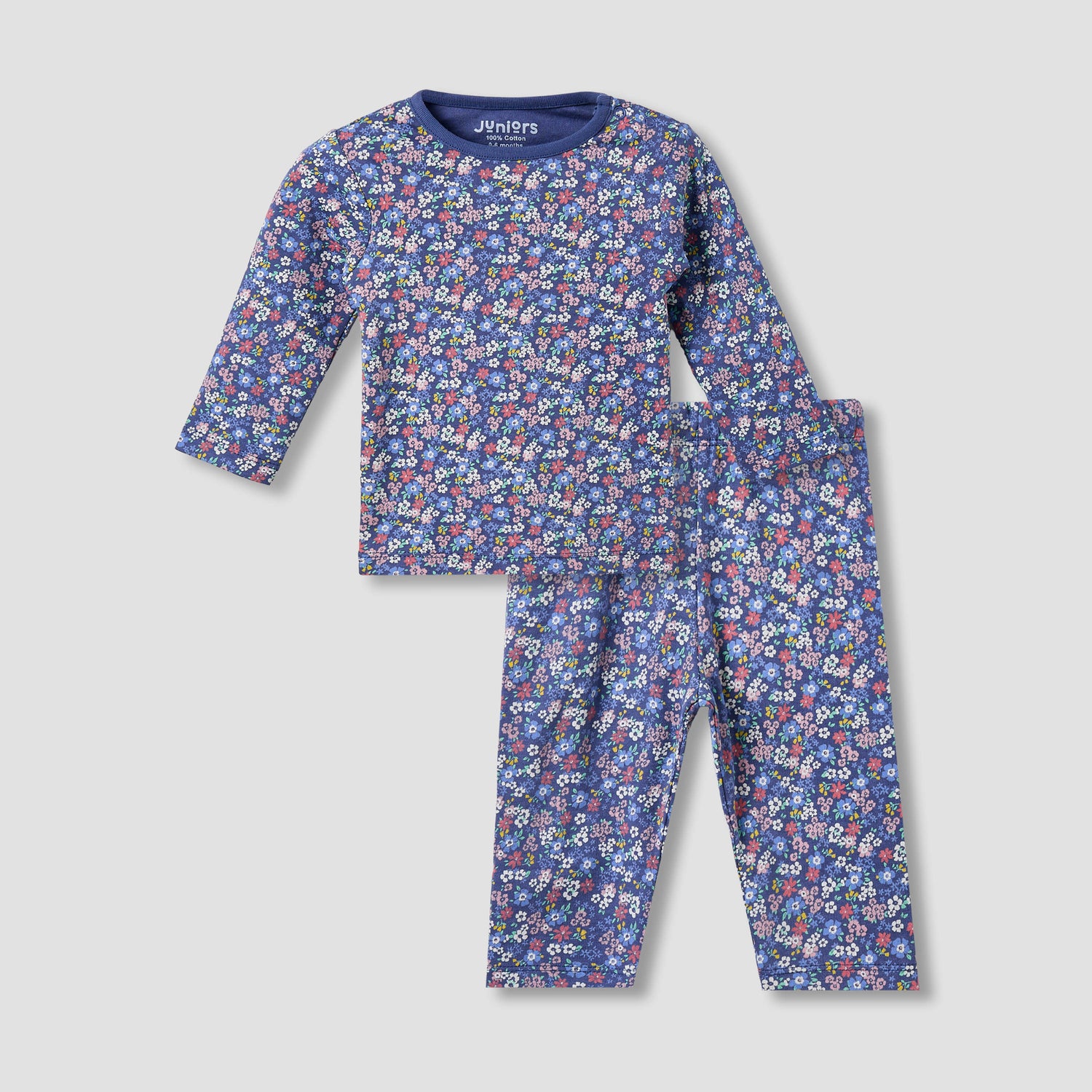 Juniors Cotton Round Neck Long Sleeves Pyjama Set with Floral Print