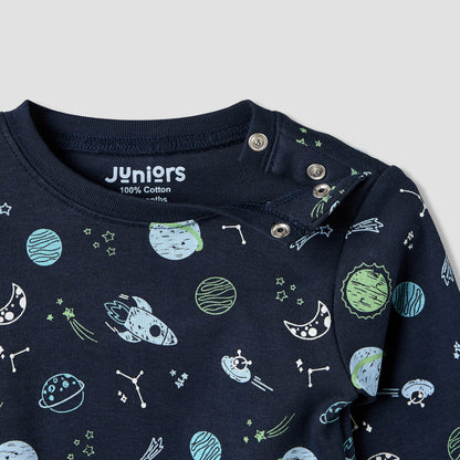 Pack of 4 Juniors Cotton Crew Neck Long Sleeves Pyjama Set with Space Print