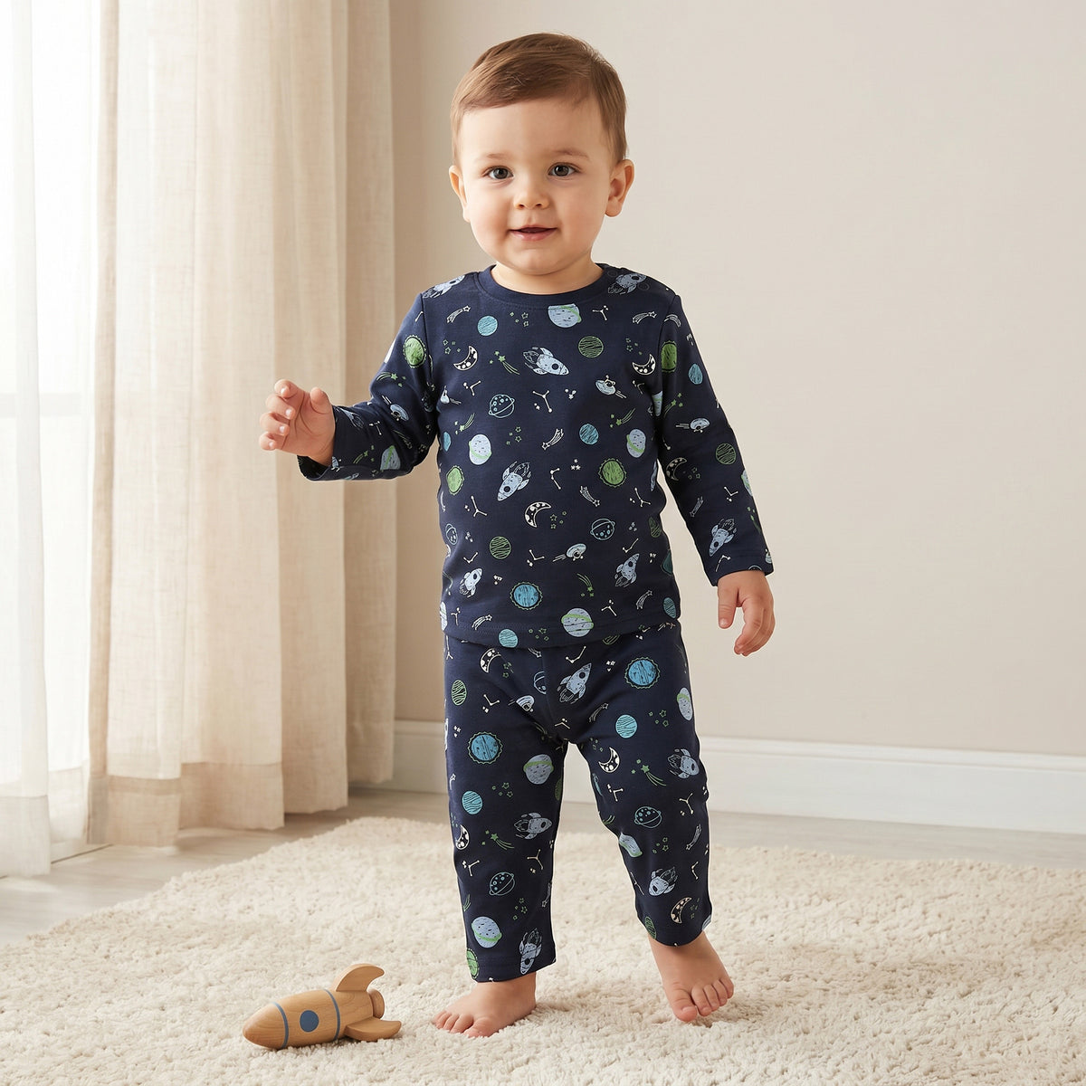 Pack of 4 Juniors Cotton Crew Neck Long Sleeves Pyjama Set with Space Print