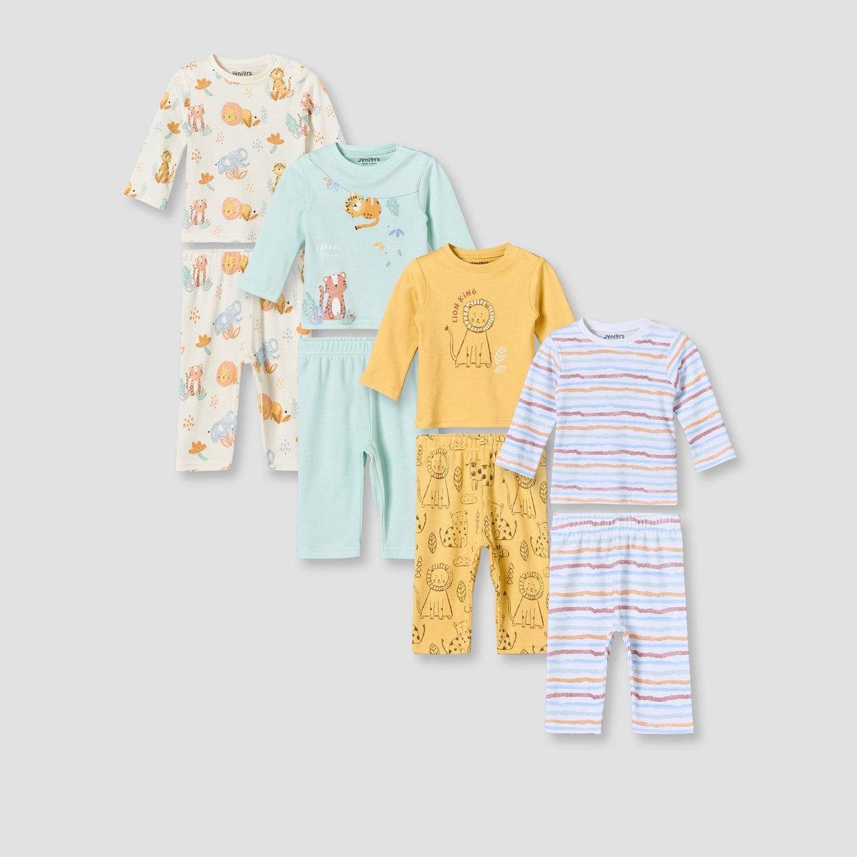 Set of 4 Juniors Cotton Crew Neck Long Sleeves Pyjama Set with Assorted Print