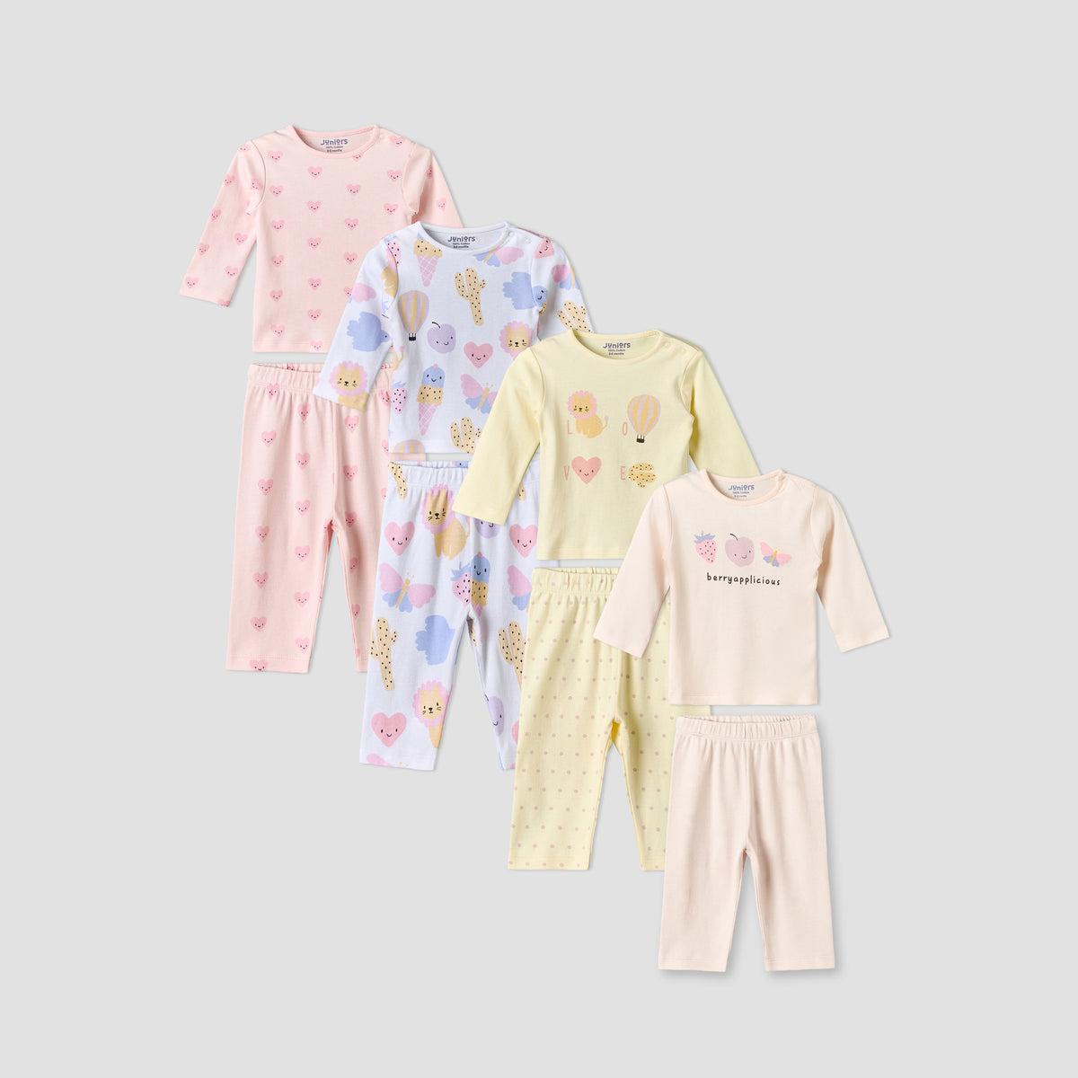 Pack of 4 Juniors Cotton Crew Neck Long Sleeves Pyjama Set with Assorted Prints
