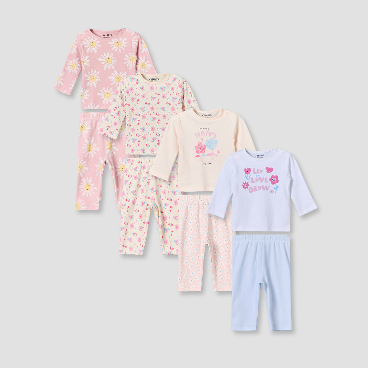 Pack of 4 Juniors Cotton Crew Neck Long Sleeves Pyjama Set with Floral Print