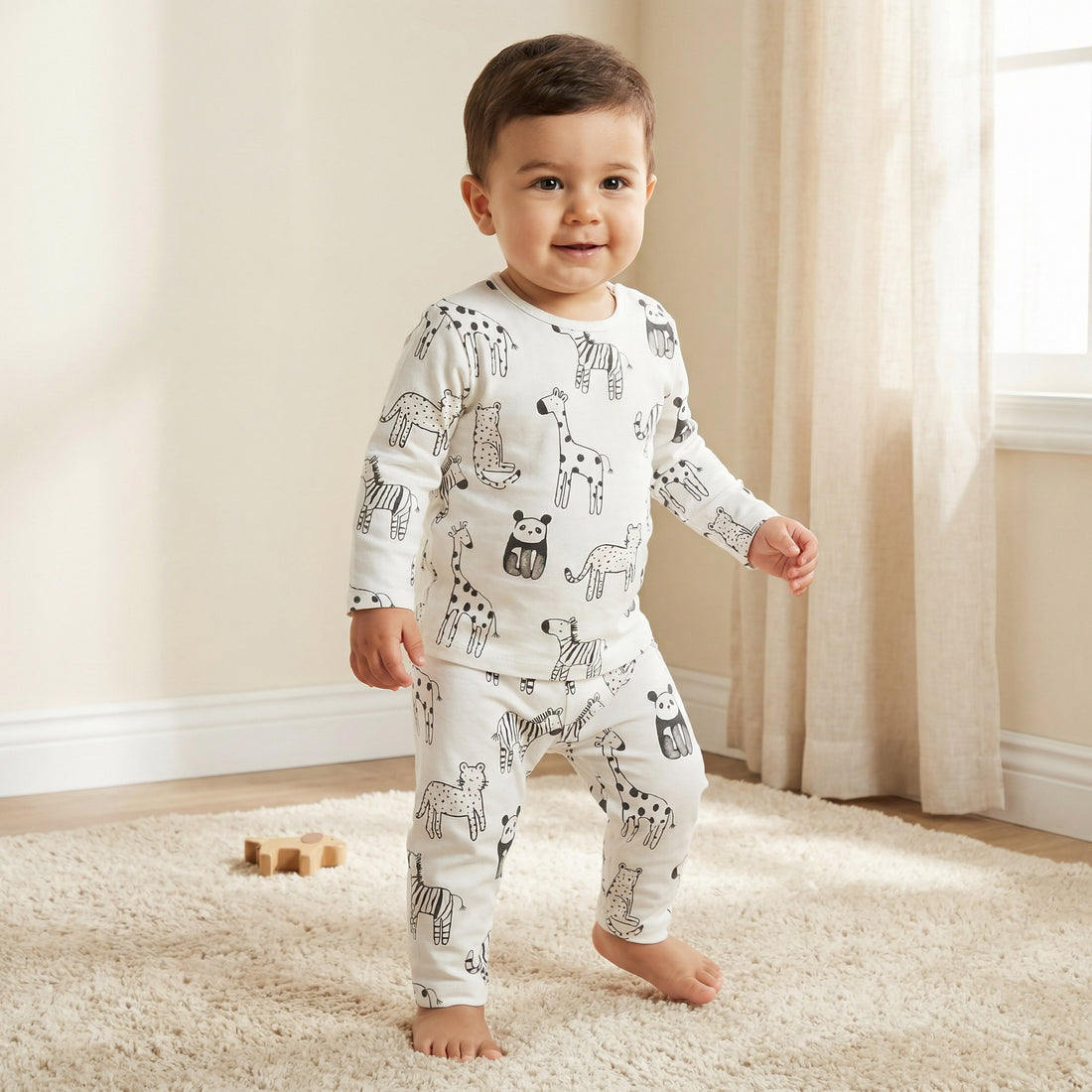 Juniors Animal Print T-shirt and Pyjama Set - White / 12-18 mths