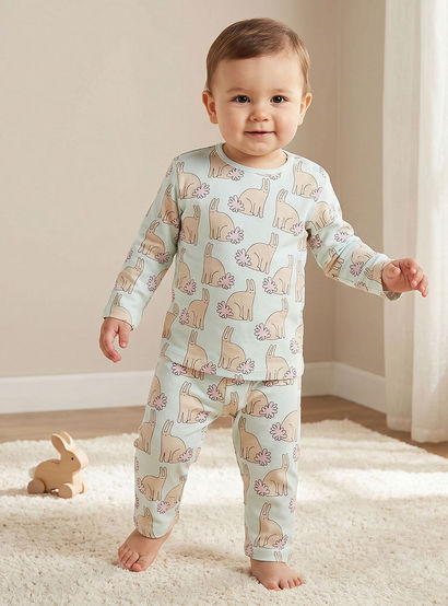 Juniors Bunny Print T-shirt and Pyjama Set-baby-girls-clothing-nightwear-pyjamasets-image-1