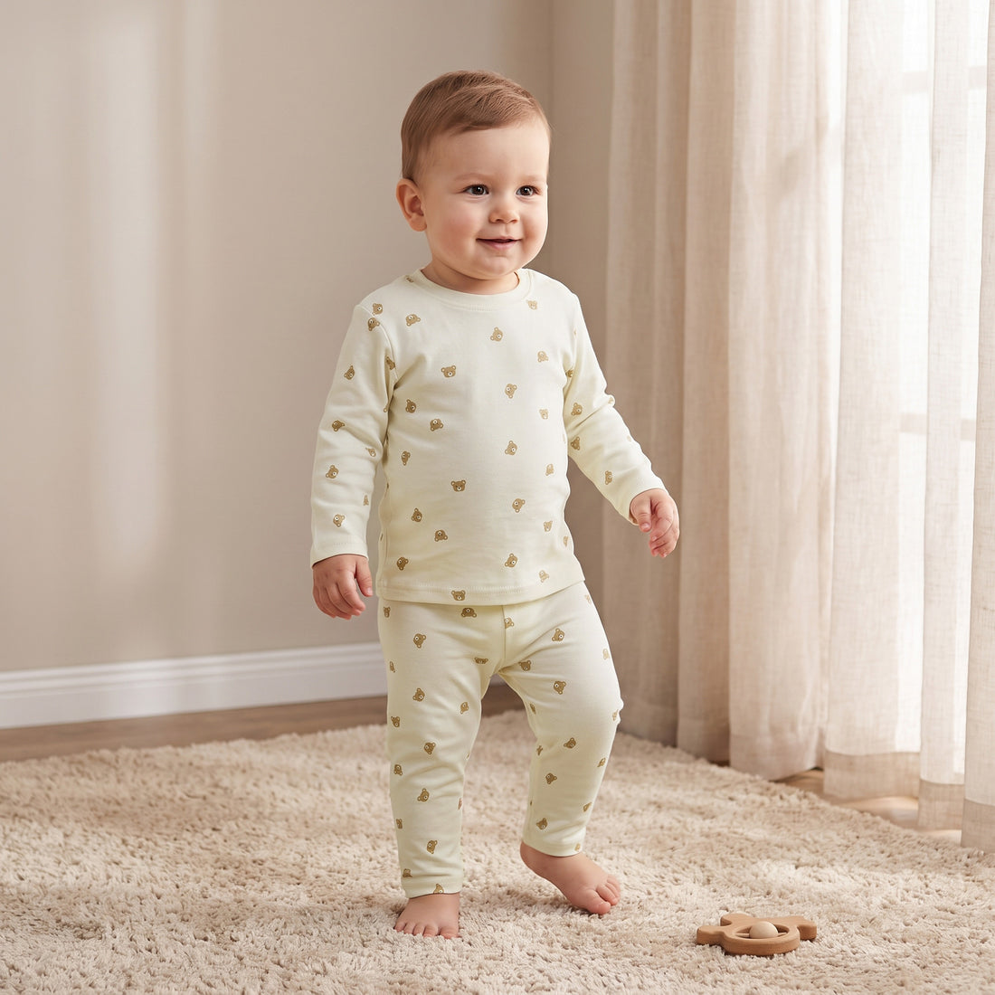 Juniors Pyjama Set with Bear Print - Cotton - Long Sleeves - Crew Neck - Yellow / 18-24 mths