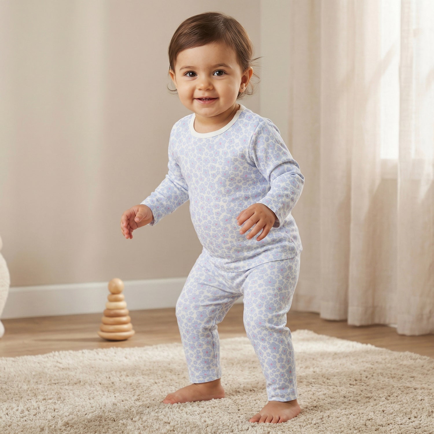 Juniors Pyjama Set with Print - Cotton - Long Sleeves - Crew Neck - Blue / 12-18 mths